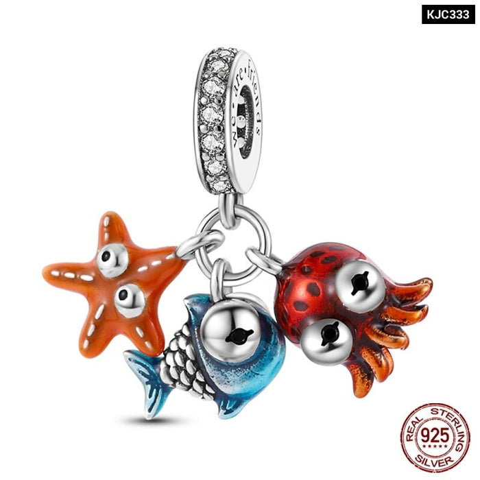 925 Sterling Silver Ocean Series Turtle Crab Mermaid Charms Beads Fit Original Pandora Bracelets Bangles Jewelrys