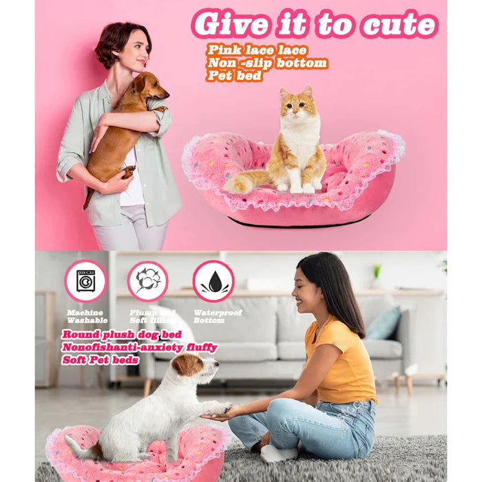 Princess Style Pet Bed Pink Polka Dots Soft Fleece Anti Slip Sofa