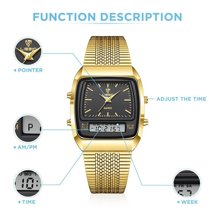 Golden Steel Strap Quartz Sport Watch Mens Dual Time Week Display Digital Wristwatches Waterproof Clock