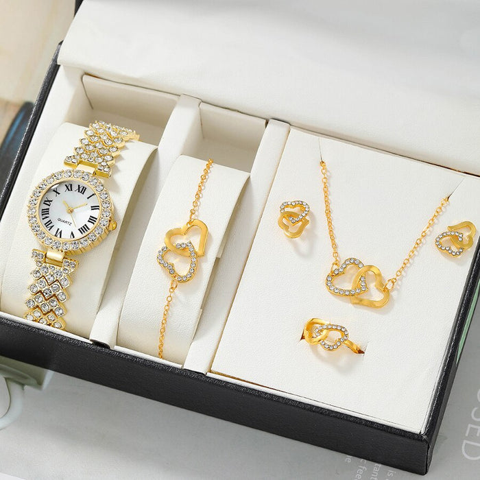 6Pc Dainty Quartz Watch With Heart Jewelry Set For Women Rhinestone Watch Double Heart Necklace Bracelet Earrings Ring Set