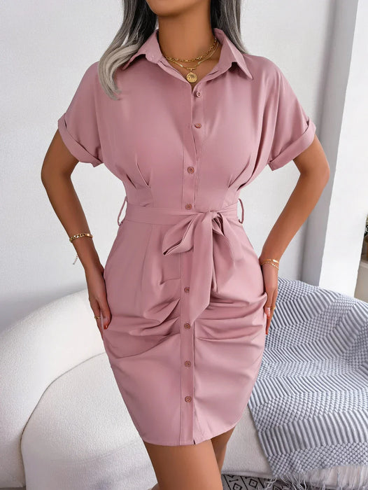 Summer Short Sleeve Pleated Pencil Dress for Women