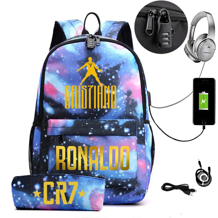 Ronaldo Printed Backpack With Usb And Lock 2 Piece Set