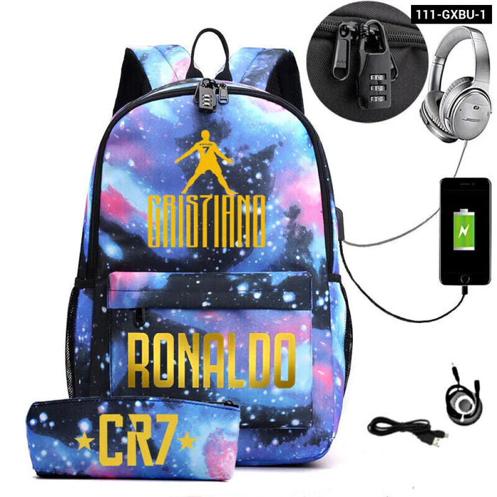 Ronaldo Printed Backpack With Usb And Lock 2 Piece Set