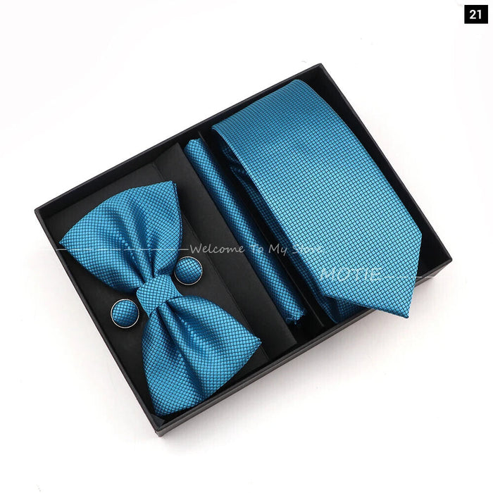 Premium Striped Tie Set Box Necktie Bowtie Handkerchief Cufflinks For Weddings And Suits