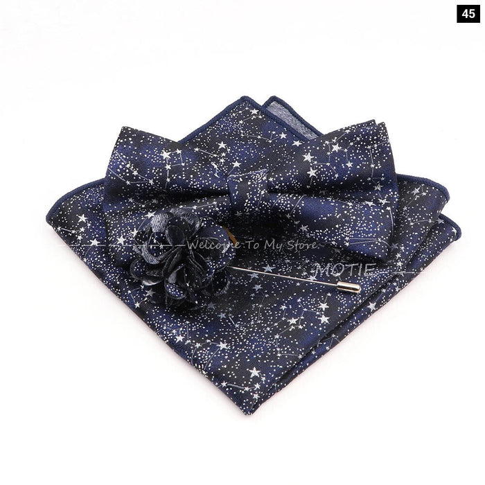 Blue Floral Pocket Square Set Bowtie Cufflink Brooch For Weddings