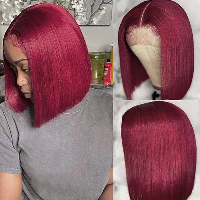 Dark Red 99j Short Bob Wig Human Hair Full Frontal Blunt Cut