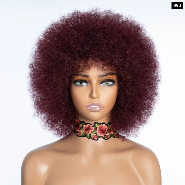 Short Afro Kinky Curly Human Hair Wig With Thick Bangs