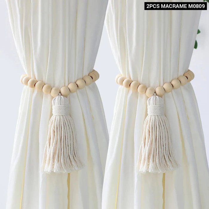 Boho Macrame Curtain Tiebacks With Wooden Beads