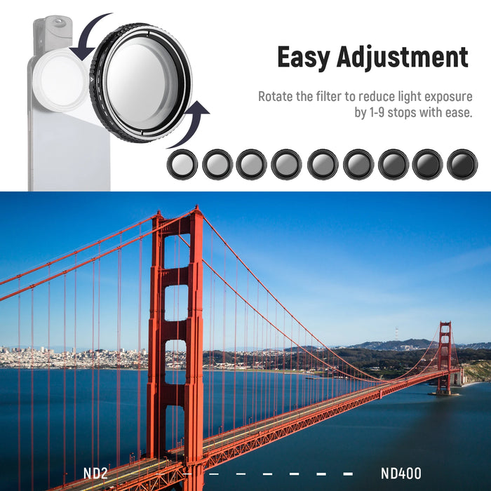 Adjustable Nd2 Nd400 Phone Camera Lens Filter Kit 37Mm Clip On With Phone Clip