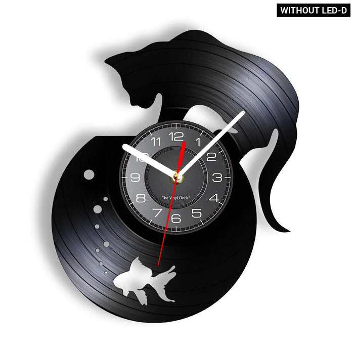 Charming Cat And Fishbowl Vinyl Record Wall Clock