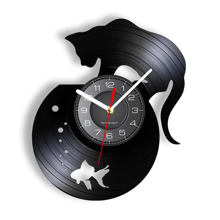 Charming Cat And Fishbowl Vinyl Record Wall Clock