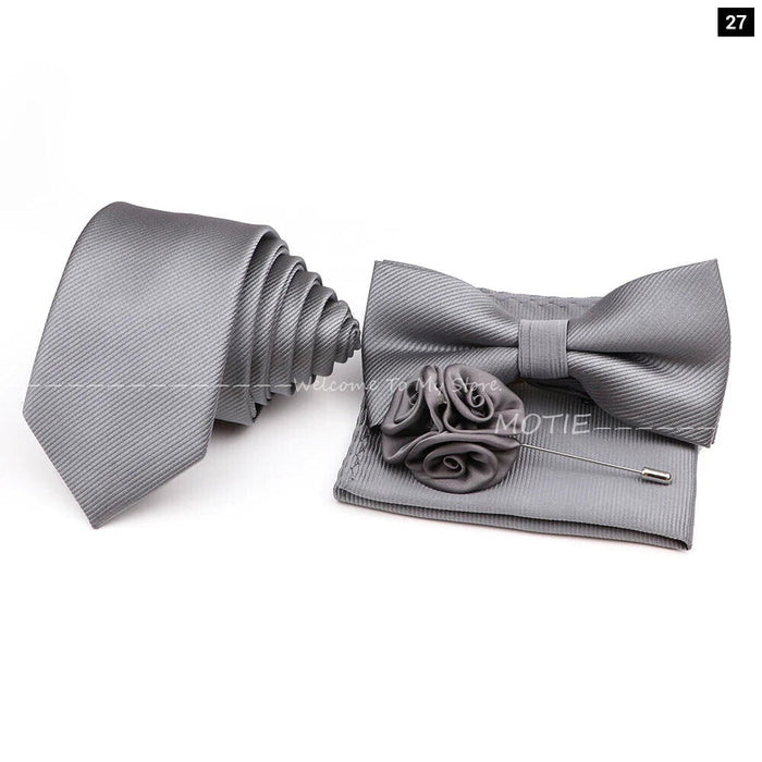 Tie Set Solid Colour Bowtie Handkerchief Brooch Cufflink For Business Weddings And Gifts