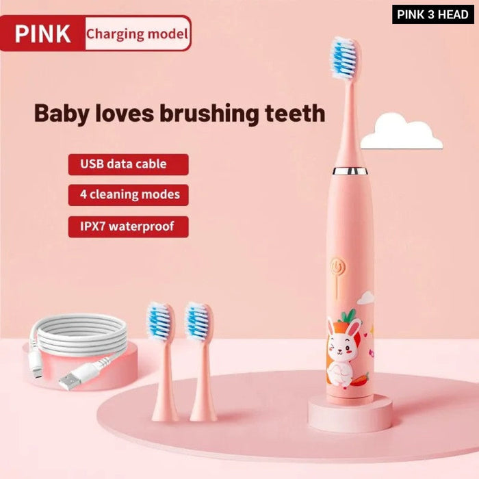 Electric Ultrasonic Rechargeable Soft Cartoon Toothbrush With Replacement Heads For Kids