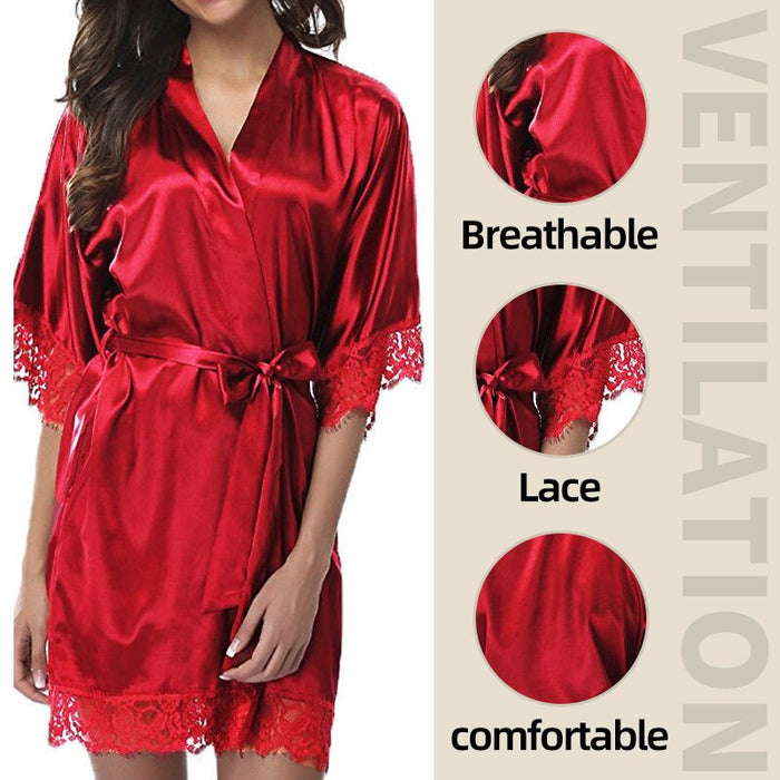 Women Ice Silk Pajamas Robes Sleepwear Nightgowns Nightdress Red Black L XL Lace Smooth Soft Comfortable Casual Pure Colour