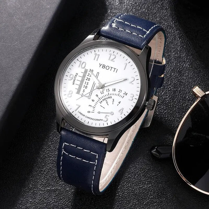 4Pcs Set Fashion Mens Sports Watches Man Business Quartz Wristwatch Luxury Blue Leather Bracelet Men Casual Clock Watch