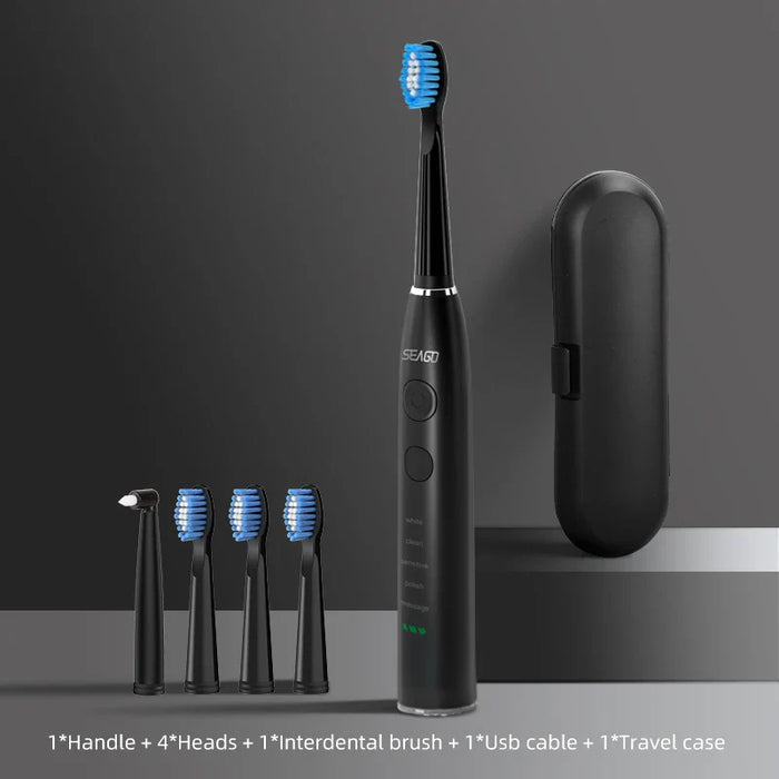 USB Rechargeable Sonic Toothbrush 360 Day Battery Ipx7 4 Heads With Travel Box