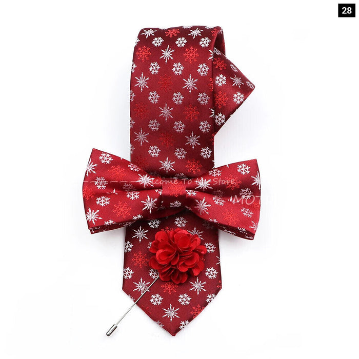 Christmas Tie Set Red Snowflake Bowtie And Brooches For Parties And Gifts