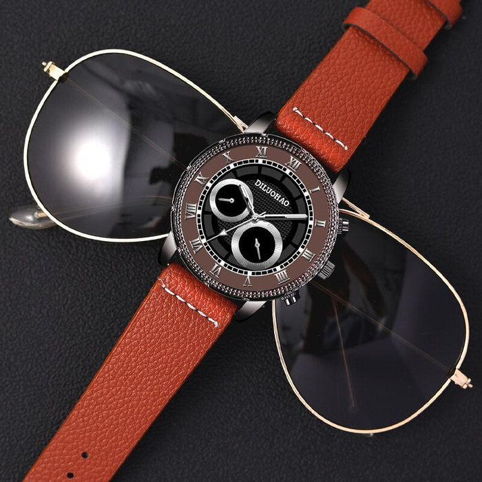 4PCS Set Fashion Mens Bracelet Watches For Men Military Retro Big Dial Quartz Wrist Watch Male Casual Brown Leather Strap Watch