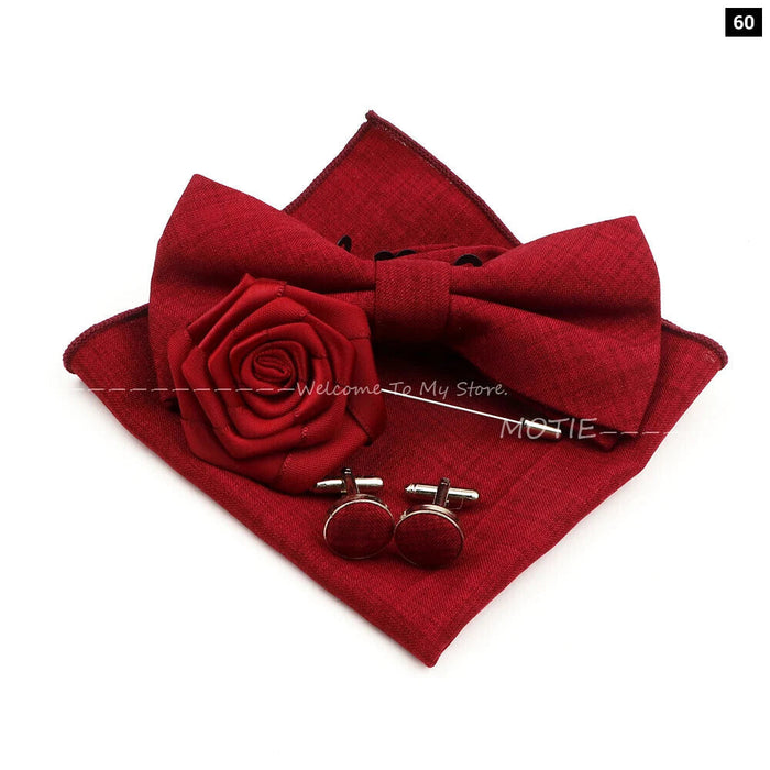 Classic Bowtie Set With Handkerchief Cufflink And Brooch