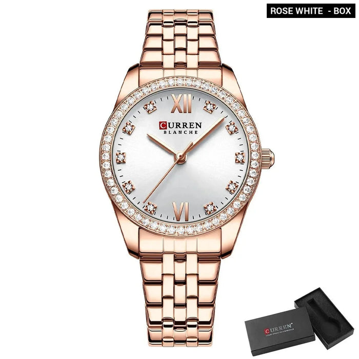 Rhinestone Stainless Steel Charming Quartz Rose Wristwatches