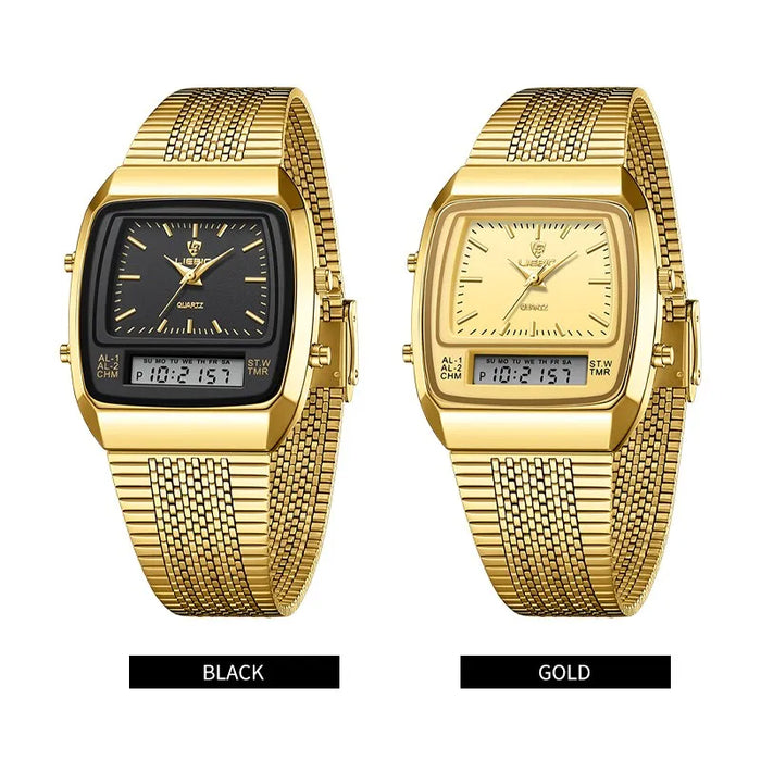 Golden Steel Strap Quartz Sport Watch Mens Dual Time Week Display Digital Wristwatches Waterproof Clock