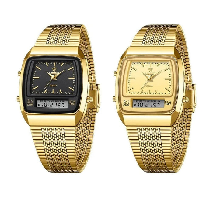 Golden Steel Strap Quartz Sport Watch Mens Dual Time Week Display Digital Wristwatches Waterproof Clock