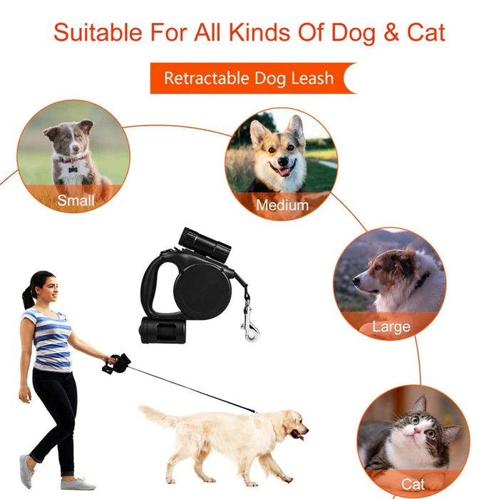 Retractable Dog Leash No Tangle Flashlight Poop Bag Holder Ideal