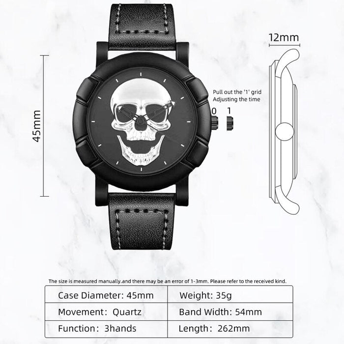 3PCS Set Fashion Mens Skull Watches Classic Men Business Leather Quartz Watch Male Cool Black Necklace Bracelet Wristwatch