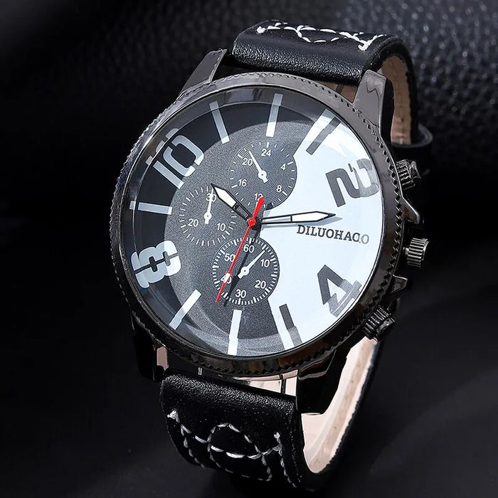 2pcs Big Dial Quartz Wristwatch Luxury Men Leather Business Casual Watch Bracelet Fashion For Daily Sports