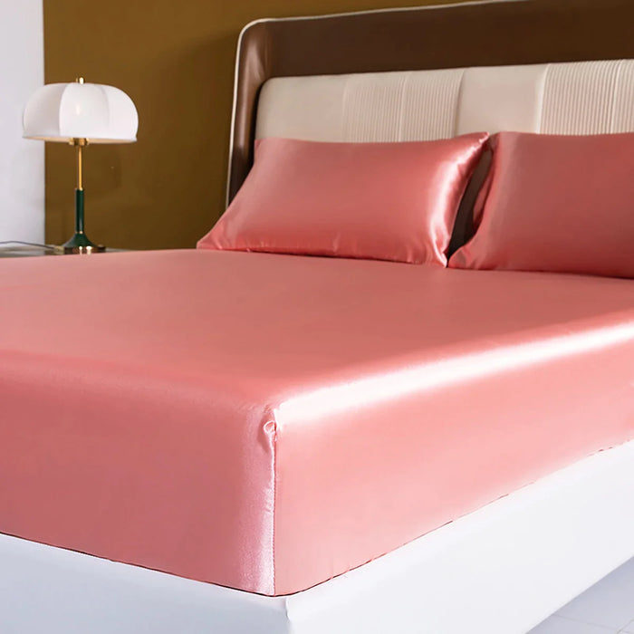 4 Piece Silky Pink Rayon Satin Fitted Sheet Set