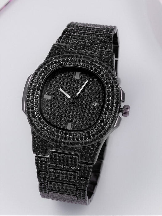 1Pcs Fashion Business Calendar Men'S Full Diamond Black Steel Band Quartz Watch