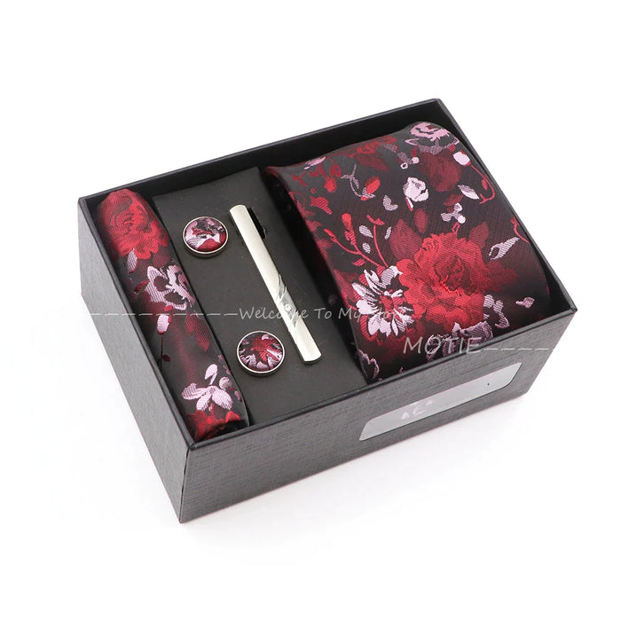 Red Floral Tie Set Gracefully Polyester With Box Pocket Square Cufflink And Tie Clip For Weddings And Gifts