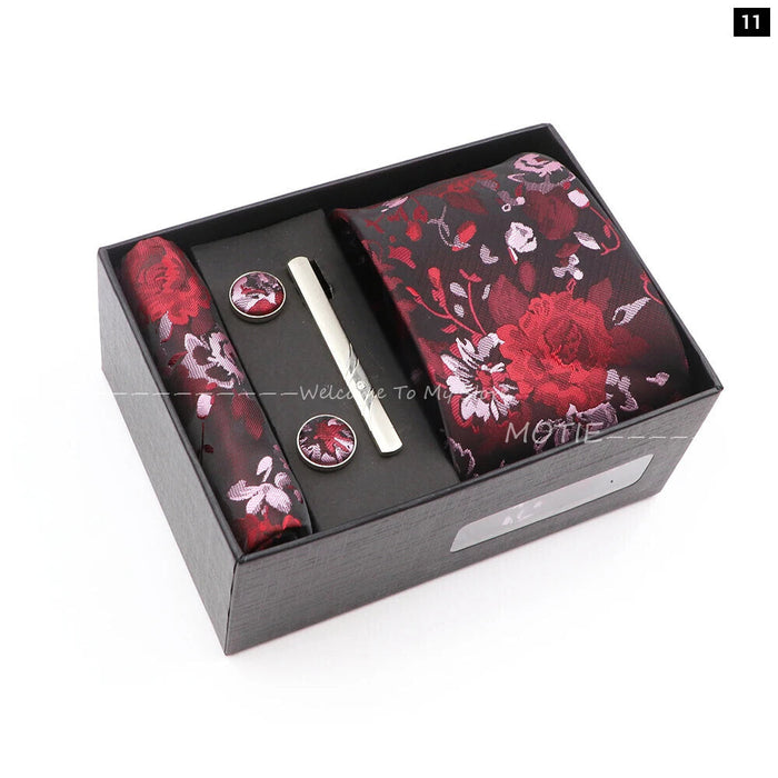 Red Floral Tie Set Gracefully Polyester With Box Pocket Square Cufflink And Tie Clip For Weddings And Gifts