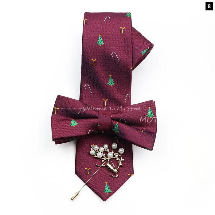 Christmas Tie Set Red Snowflake Bowtie And Brooches For Parties And Gifts