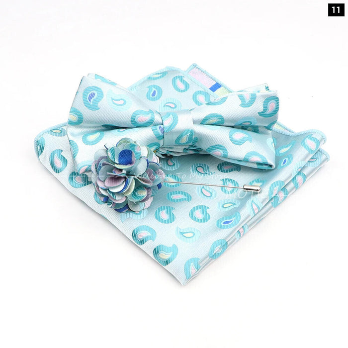 Blue Floral Pocket Square Set Bowtie Cufflink Brooch For Weddings