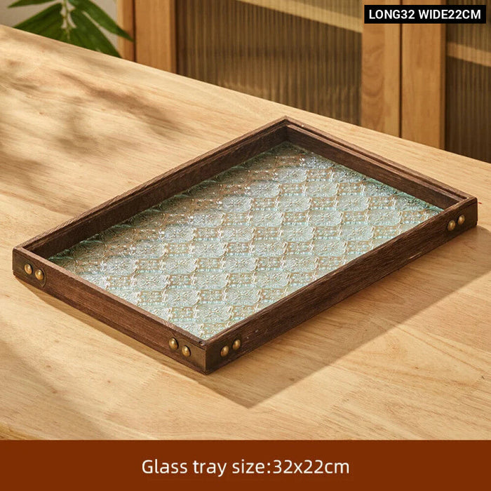 Rectangular Glass Wooden Tray For Living Room Snacks And Tea