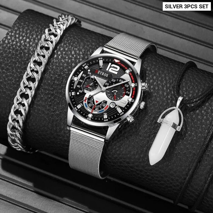 3PCS Set Fashion Mens Calendar Watches Men Business Steel Mesh Belt Quartz Watch Male Casual Necklace Bracelet Wristwatch