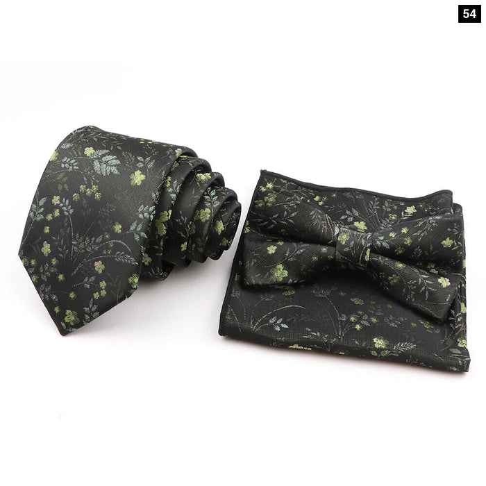 Green Floral Tie Set Classic Design Polyester For Weddings And Parties