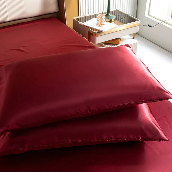 2 Piece Silky Wine Red Rayon Satin Pillow Cases Set