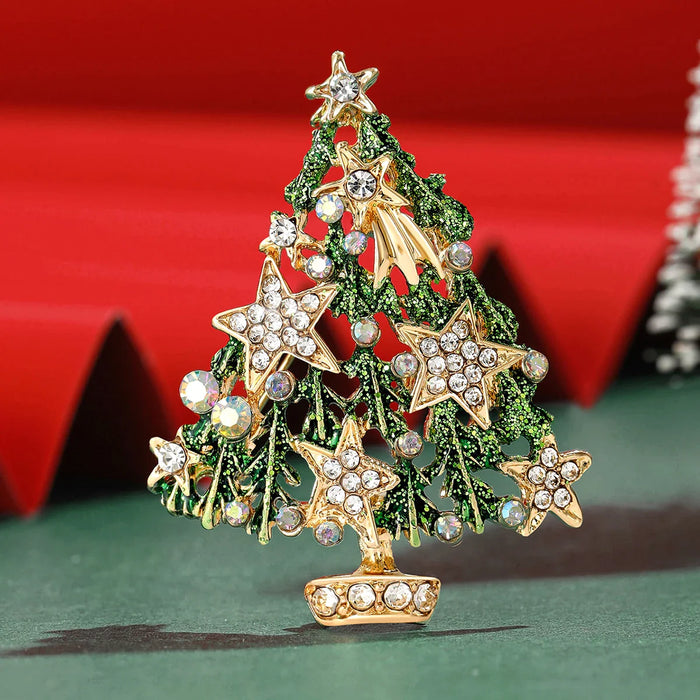 Christmas Tree Enamel Pin Rhinestone Stars Lapel Pin For Women Family