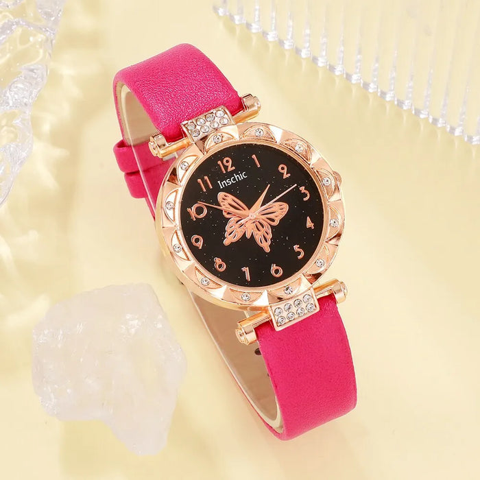 5Pcs Set Womens Fashion Quartz Watch Female Clock Rose Red Butterfly Luxury Brand Design Women Watches Simple Ladies Wrist Watch