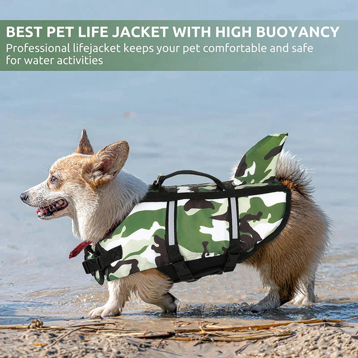 High Buoyancy Dog Life Jacket Shark Camo Pet Safety Vest With Rescue Handle And Leash Ring