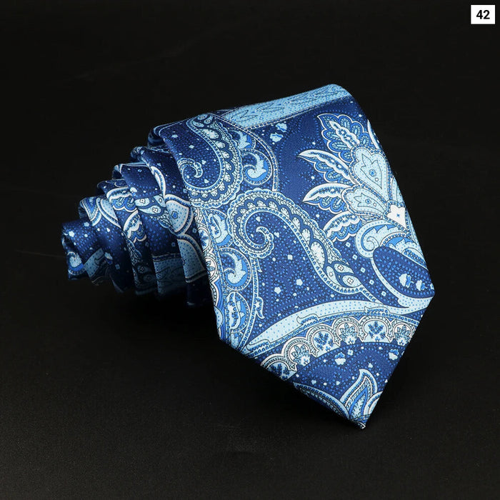 Mens Silk Tie 7.5Cm Blue Paisley Floral For Weddings And Work