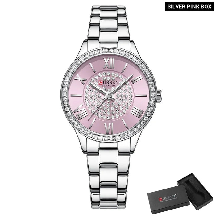 Stainless Steel Rhinestones Rose Dial Quartz Wristwatches For Women