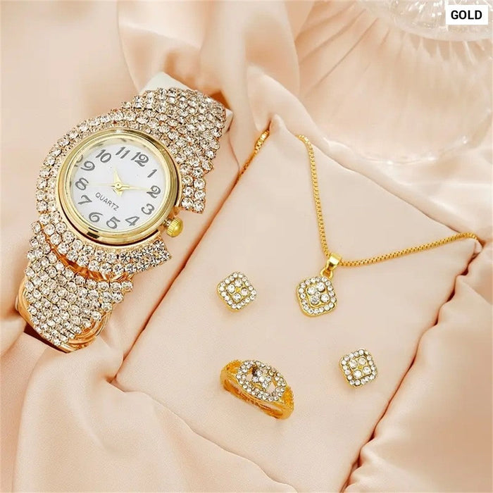 5Pcs Set Luxury Watch Women Ring Necklace Earring Rhinestone Fashion Wristwatch Casual Ladies Watches Bracelet Set Clock