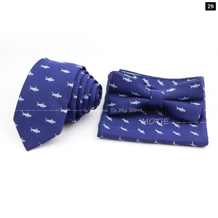 Cartoon Insect Tie Set Blue Bowtie Handkerchief Necktie For Men Business Party Casual Wear Gift