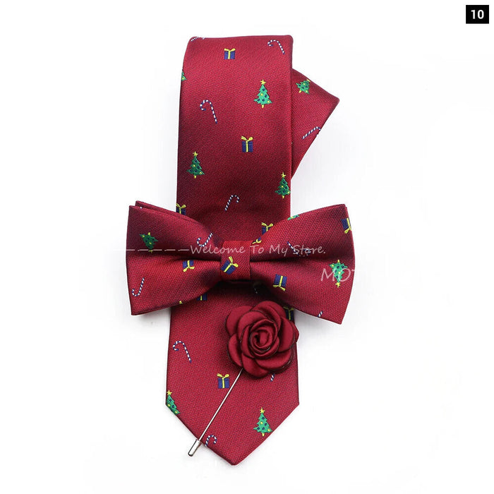 Christmas Tie Set Red Snowflake Bowtie And Brooches For Parties And Gifts