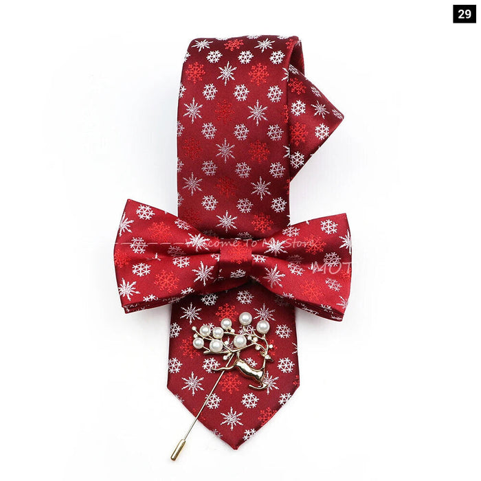 Christmas Tie Set Red Snowflake Bowtie And Brooches For Parties And Gifts