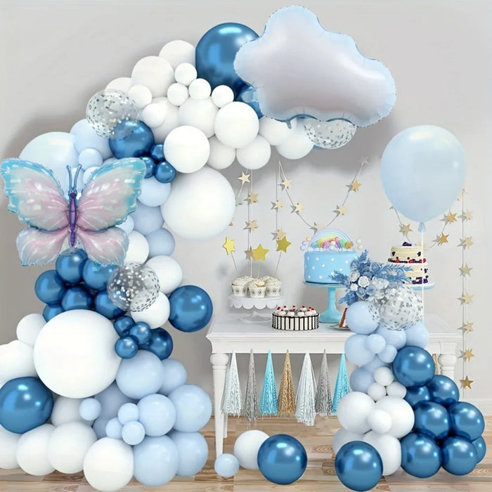 122Pcs Blue Balloon Wreath Arch Kit White Cloud And Butterfly Aluminum Film For Wedding Birthday Anniversary Decoration