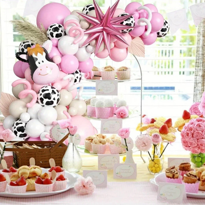 129Pcs Cow Balloon Arch Set With White Cow Print Balloon And Pink Starburst Farm Cowboy Girl Cow Theme Birthday Party Decoration